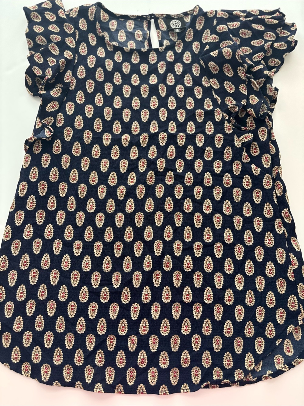 Bobeau Navy Paisley Flutter Sleeve Blouse Top Size Small